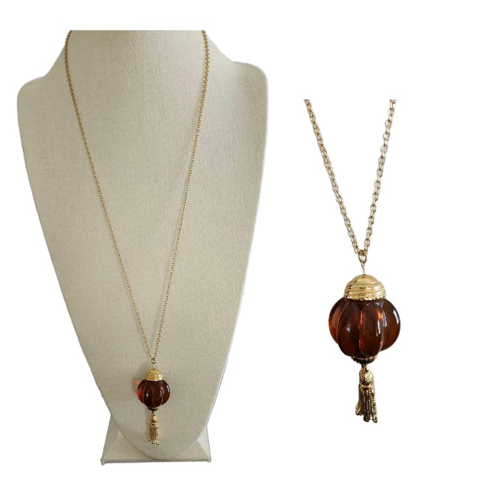 Vintage Avon Rootbeer Lucite Pendant Necklace with Tassel, Moroccan Riches
